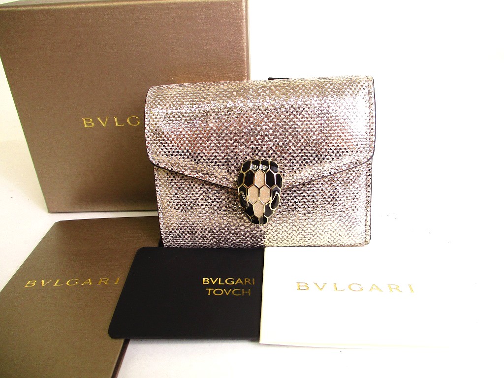 Photo1: BVLGARI Serpenti Forever Beige Leather Trifold Wallet Compact Wallet #a055