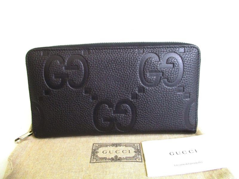 Photo1: GUCCI JUmbo GG Black Leather Round Zip Wallet #a056