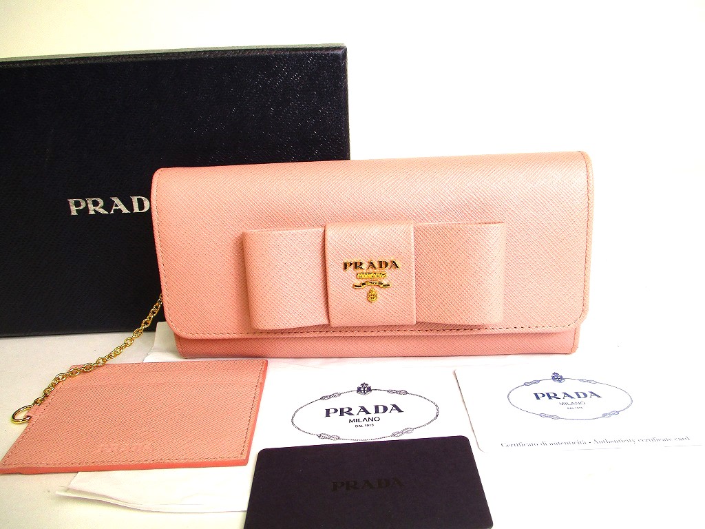 Photo1: PRADA Saffiano Light Pink Leather Ribbon Bifold Long Flap Wallet #a062