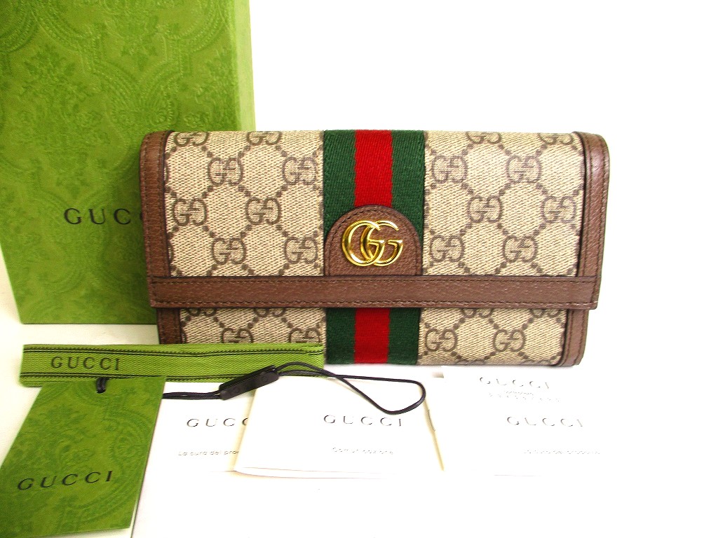 Photo1: GUCCI GG Ophidia Brown Leather Web Strip Continental Wallet #a068