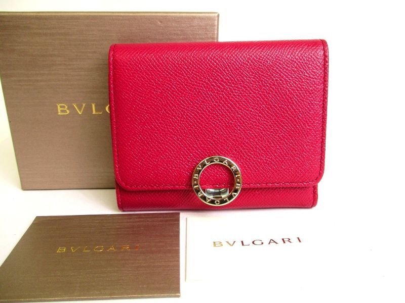 Photo1: BVLGARI Wine-red Purple Leather Logo Clip Trifold Wallet #a079
