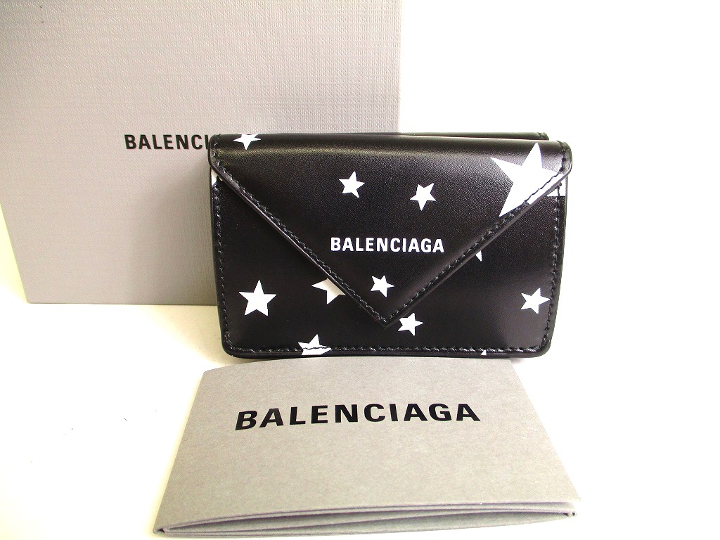 Photo1: BALENCIAGA Star Motif Black Leather Trifold Mini Wallet #a114