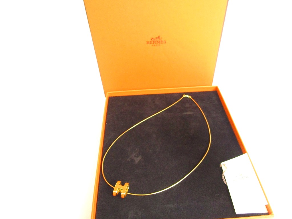 Photo1: HERMES Orange Pop Ash H Gold Plated Necklace Choker Pendant #a121