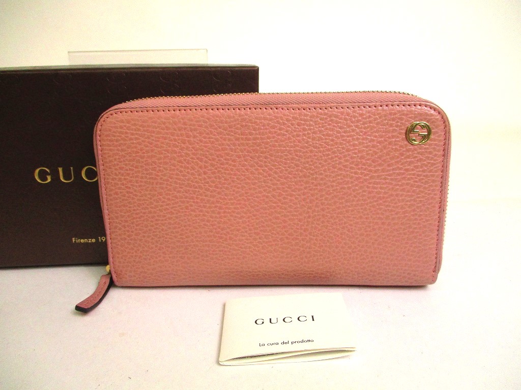 Photo1: GUCCI Interlocking G Gold H/W Dusty Pink Leather Round Zip Wallet #a131