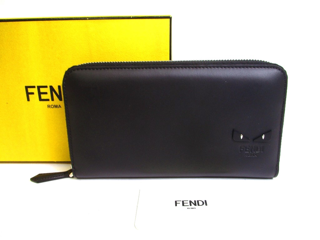 Photo1: FENDI Bugs Eyes Black Leather Round Zip Long Wallet #a135