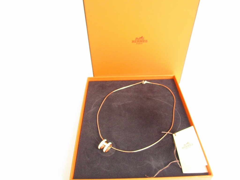 Photo1: HERMES Orange Pop Ash H Pink Gold Plated Necklace Choker Pendant #a150