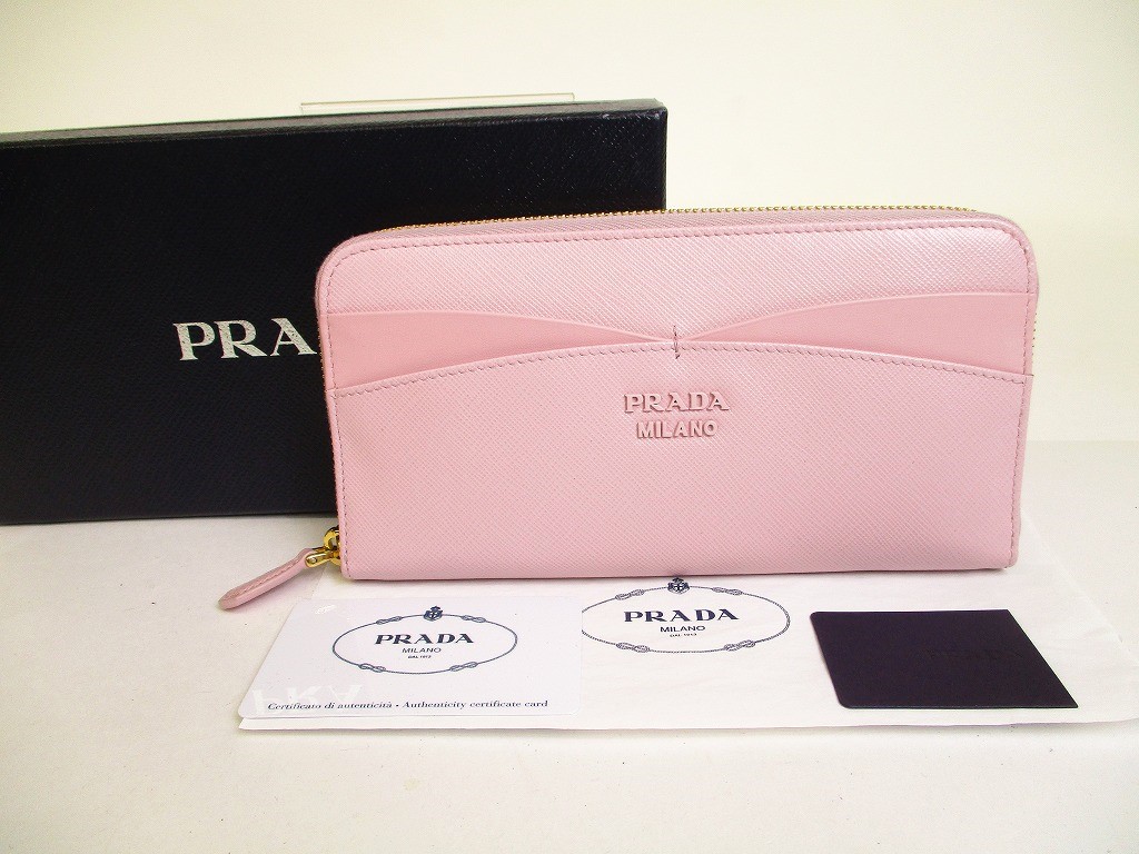 Photo1: PRADA Light Pink Saffiano Waves Leather Round Zip Long Wallet #a166