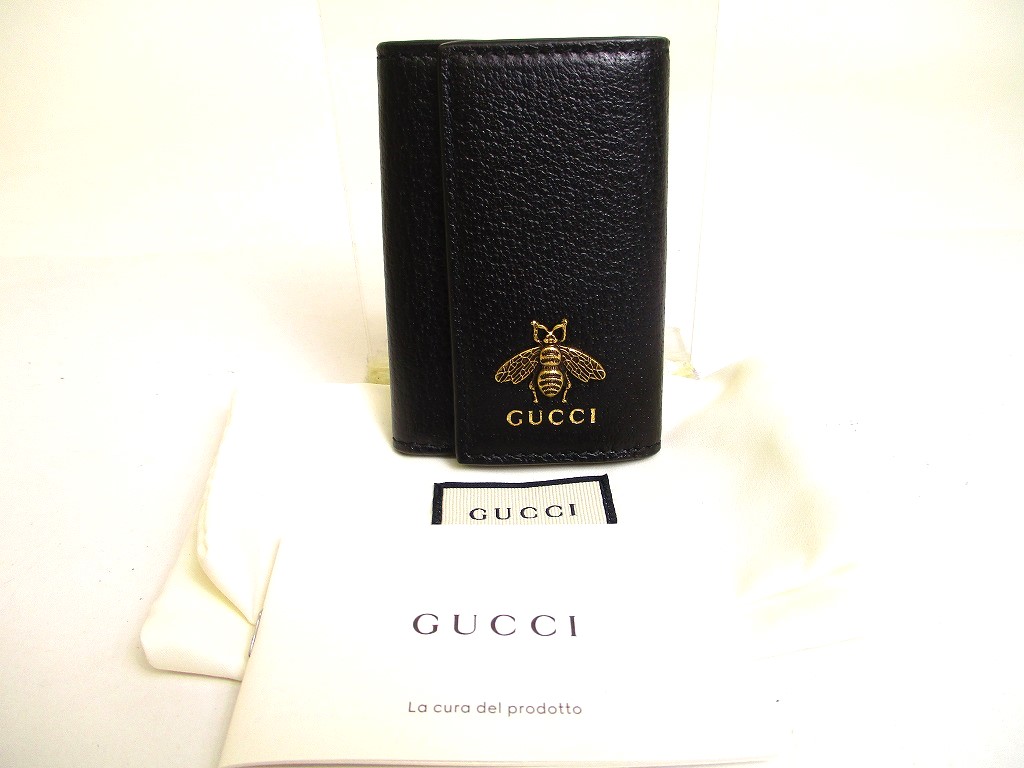 Photo1: GUCCI Bee Motif Black Leather 6 Pics Key Cases #a176