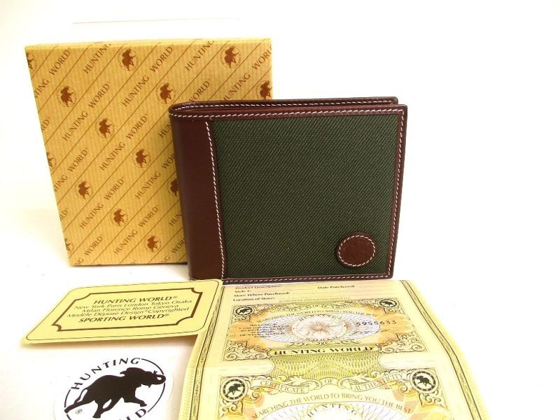 Photo1: HUNTING WORLD Safari Khaki Green Canvas Brown Leather Bifold Wallet #a180