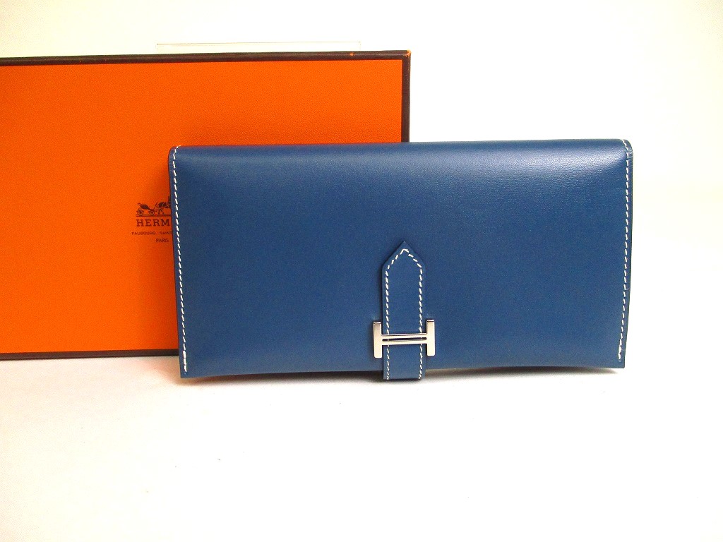 Photo1: HERMES Blue thalassa Box Calf Leather Silver H/W Long Flap Wallet Bearn #a181