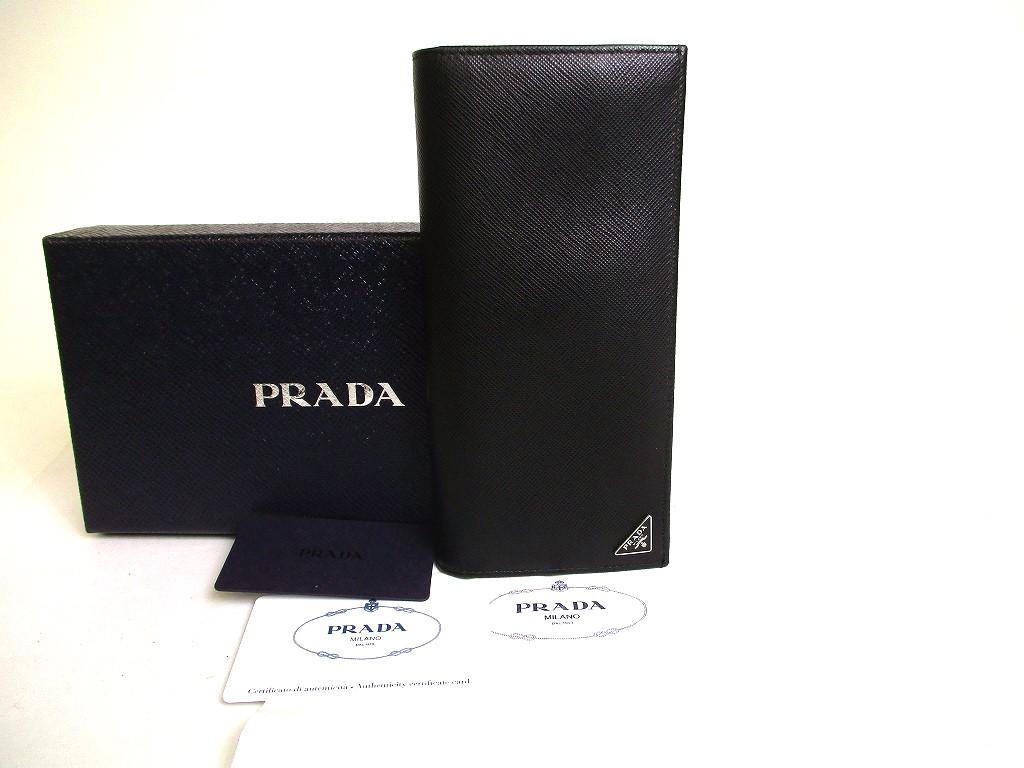 Photo1: PRADA Saffiano Black Leather Bifold Long Flap Wallet #a189