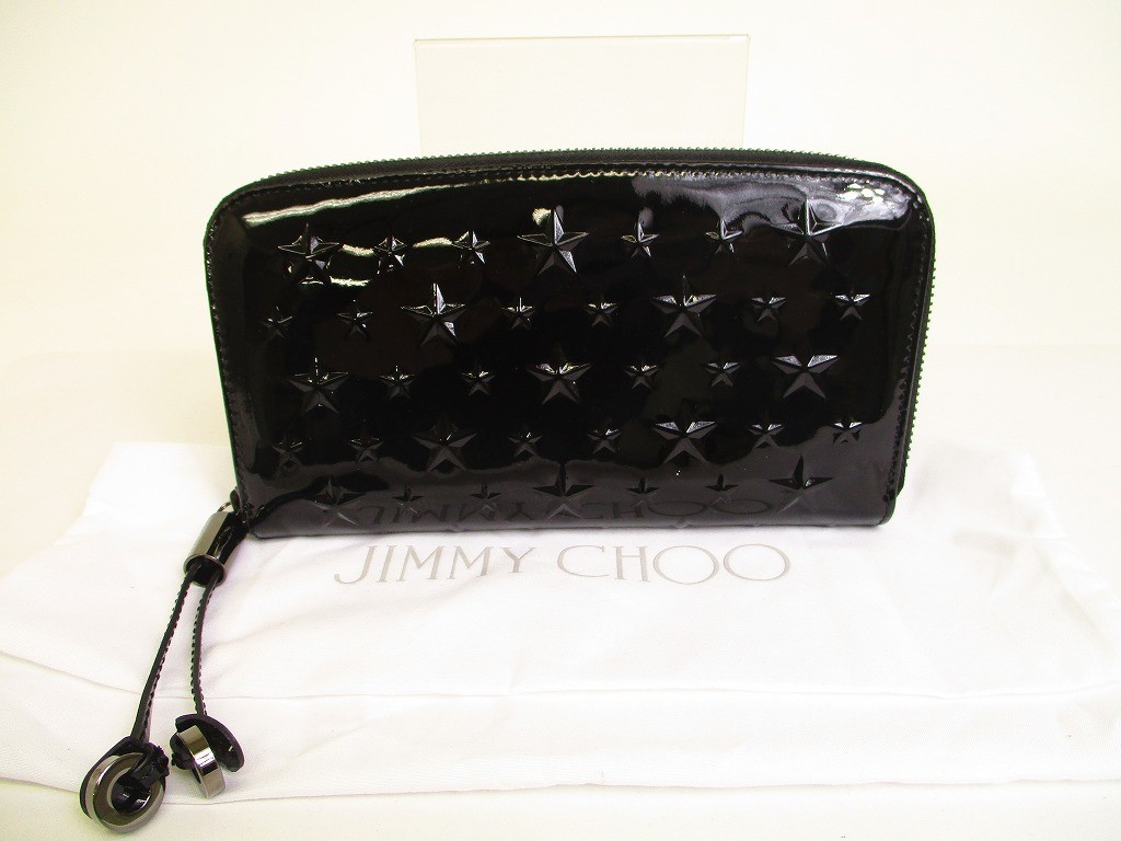 Photo1: Jimmy Choo Gold Embossed Stars Black Patent Leather Round Zip Wallet #a210