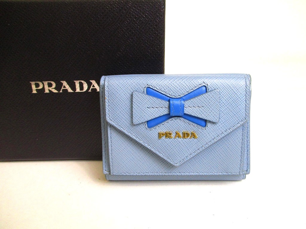 Photo1: PRADA Ribbon Motif Light Blue Leather Trifold Wallet Compact Wallet #a233