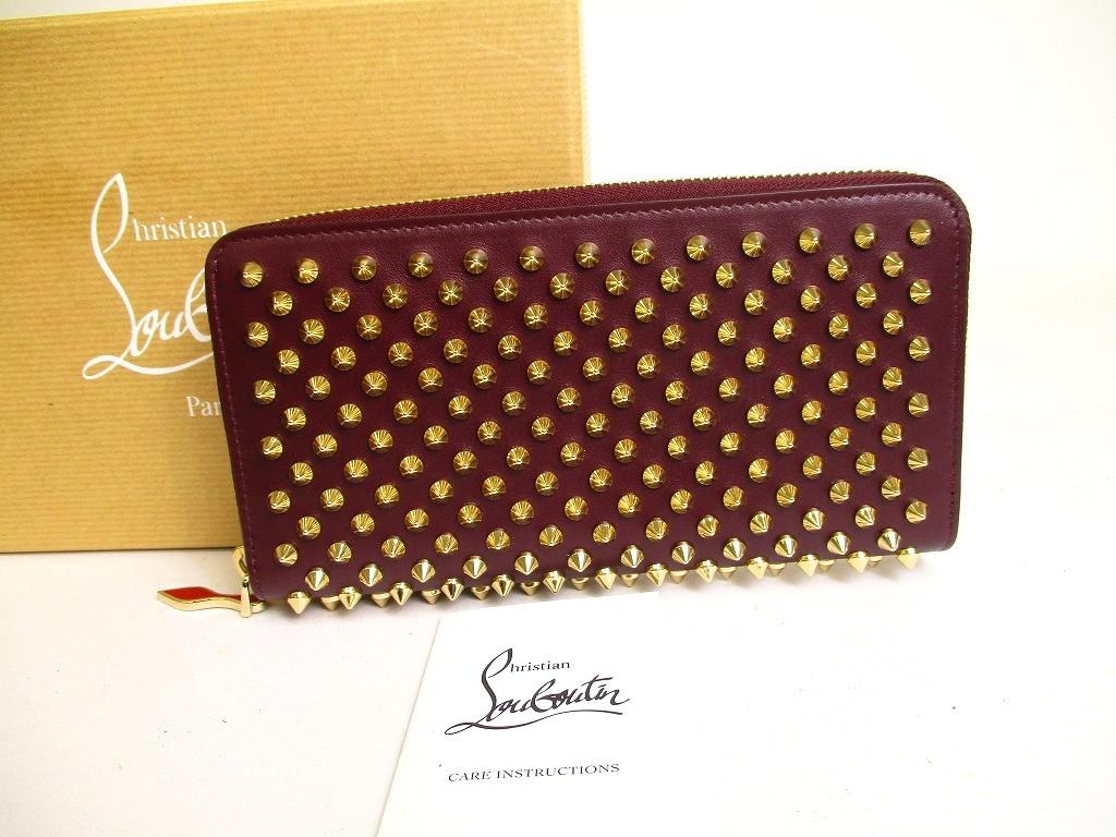 Photo1: Christian Louboutin Panettone Bordeaux Leather Spikes Round Zip Wallet #a236