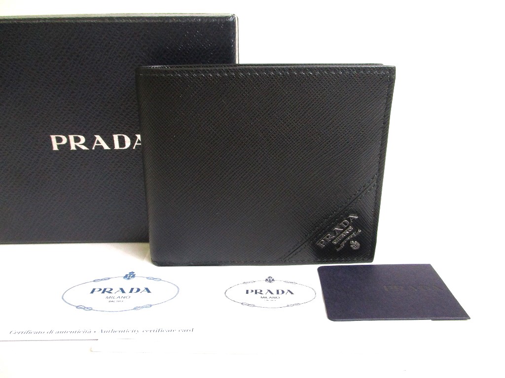 Photo1: PRADA Saffiano Metal Black Leather Bifold Wallet Compact Wallet #a312