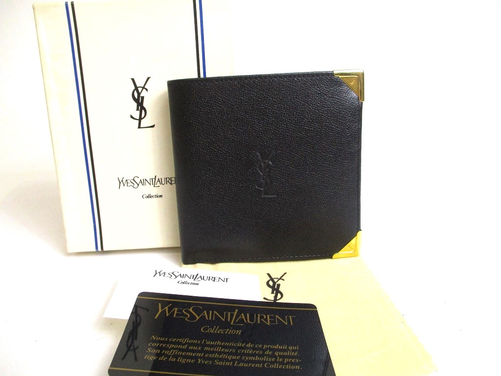 Photo1: Yve Saint Laurent YSL Vintage Black Leather Bifold Wallet #a322