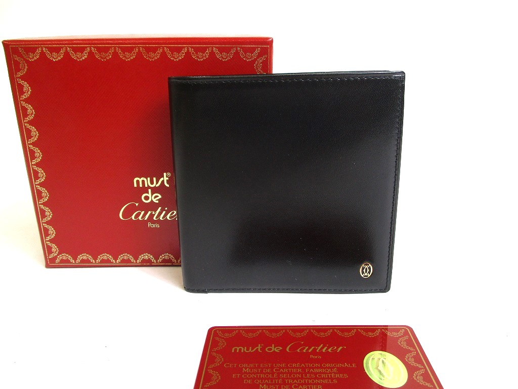 Photo1: Cartier Pasha de Cartier Black Leather Gold H/W Bifold Wallet #a323