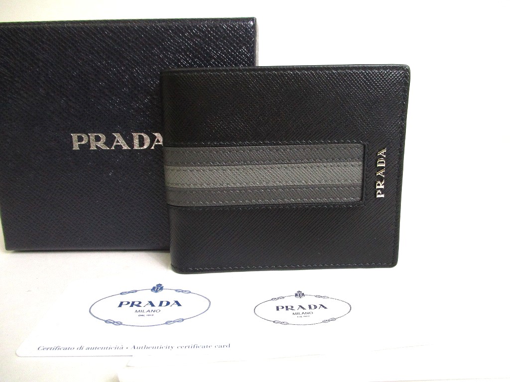 Photo1: PRADA Black Saffiano Leather Bifold Bill Wallet Card Holder #a347