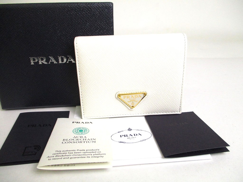 Photo1: PRADA Saffiano White Leather Bifold Wallet Compact Wallet #a361