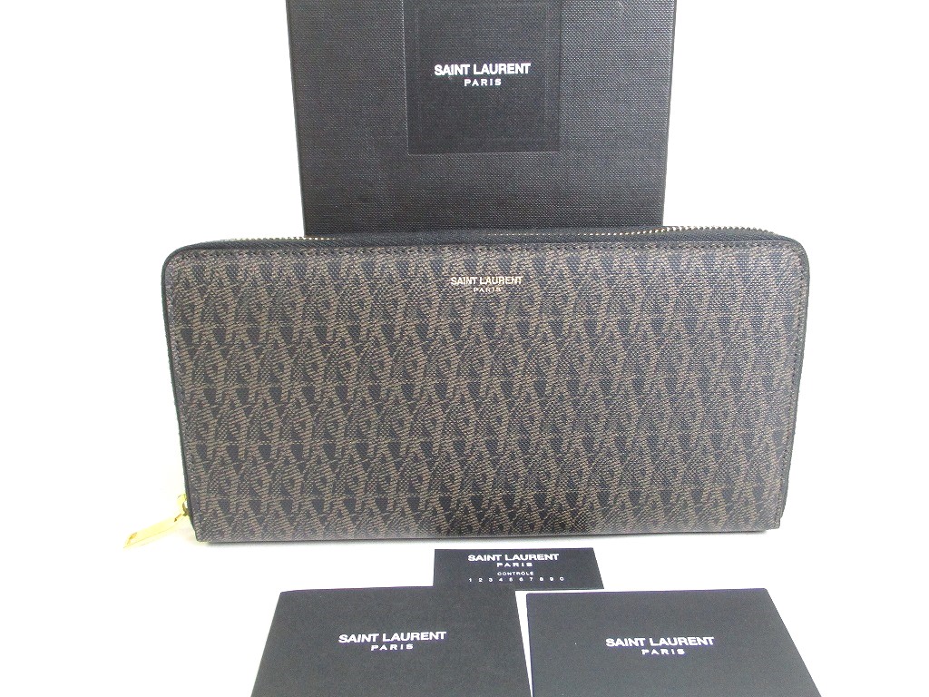 Photo1: Saint Laurent YSL Monogram Brown Black Leather Round Zip Long Wallet #a362