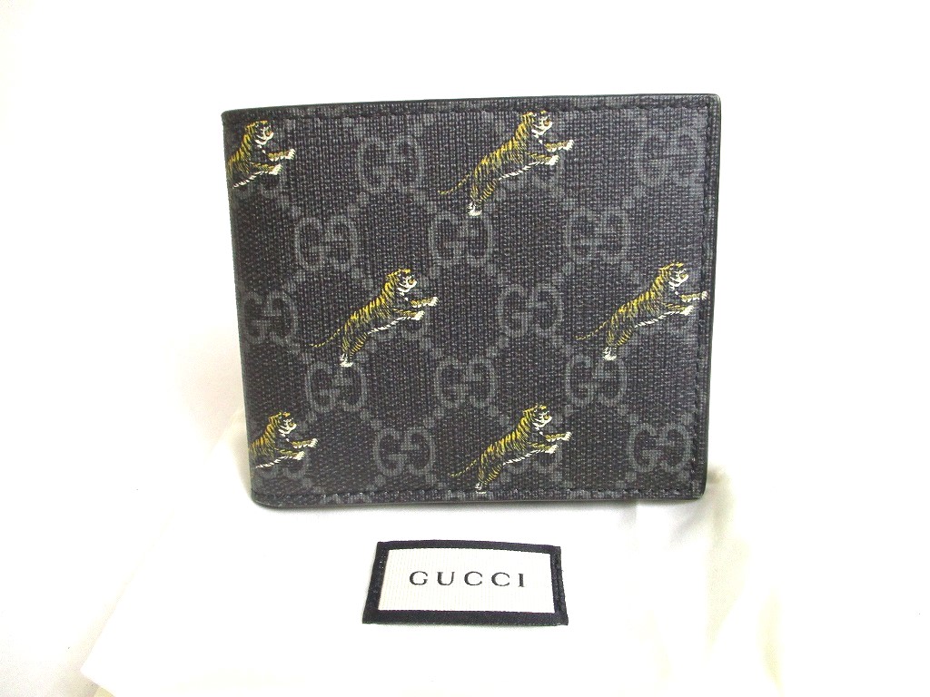 Photo1: GUCCI Black GG Coating Canvas Leather Taiger Motif Bifold Bill Wallet #a371