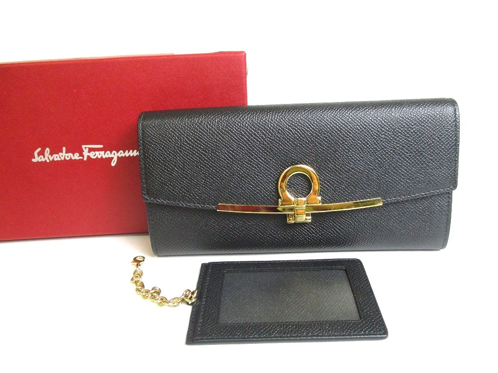 Photo1: Salvatore Ferragamo Gancini Black Leather Gold H/W Flap Long Wallet #a429