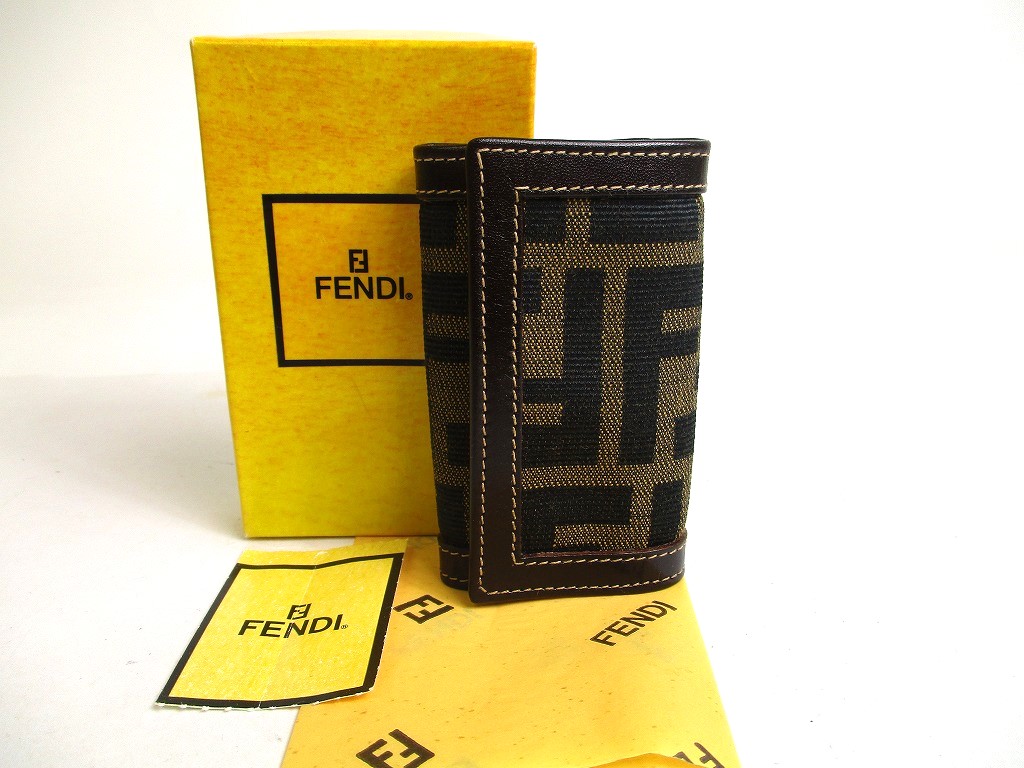 Photo1: FENDI Zucca Khaki Canvas Dark Brown Leather 6pics Key Chain #a455