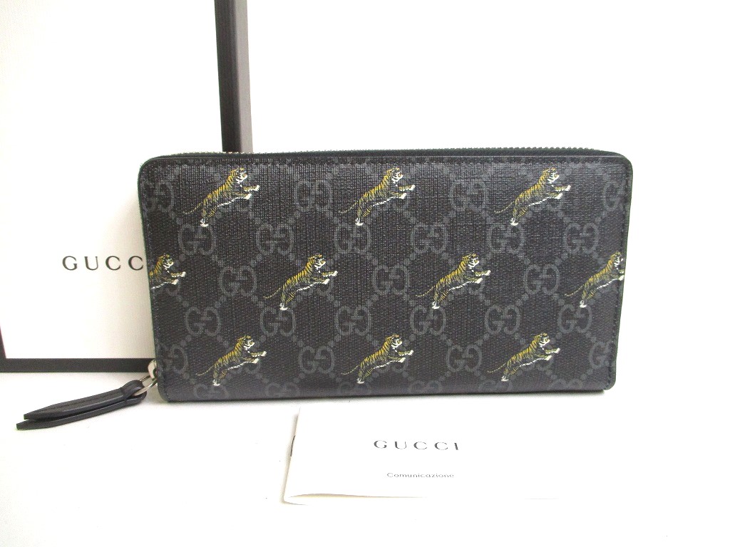 Photo1: GUCCI GG Coating Canvas Black Leather Taiger Motif Round Zip Wallet #a492