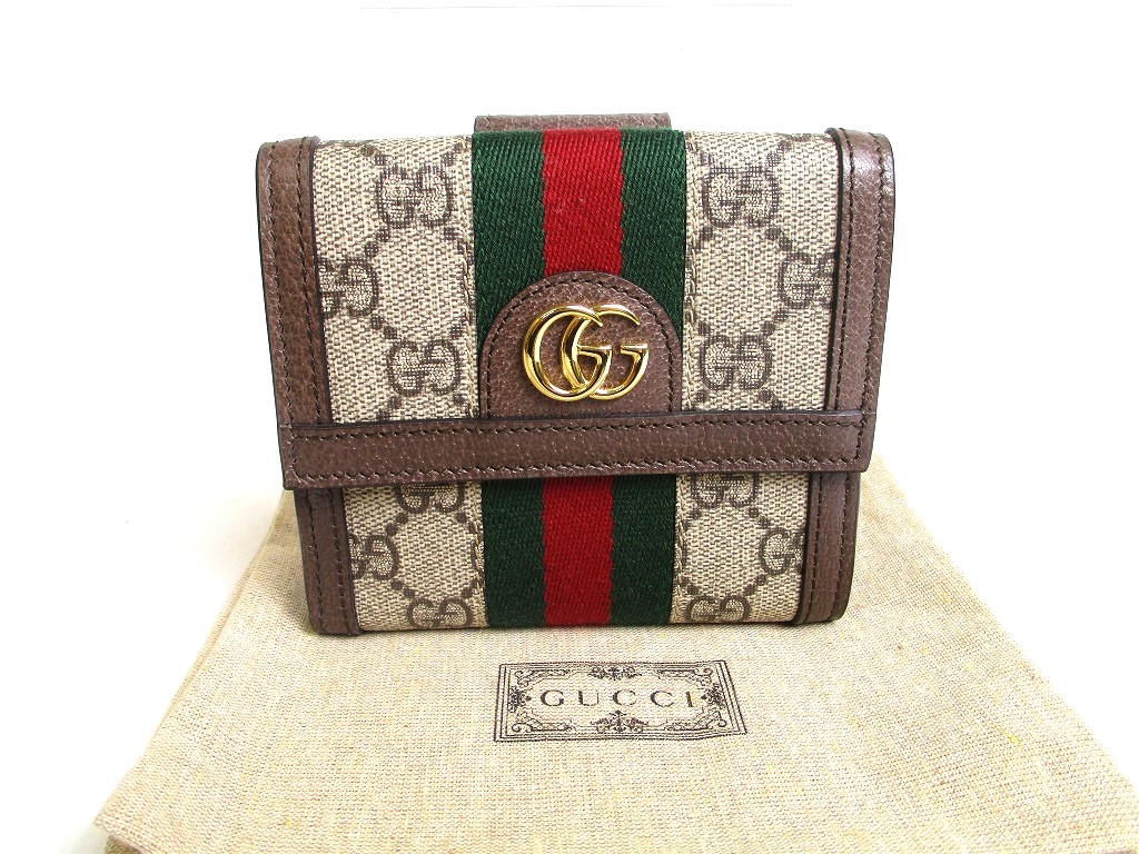 Photo1: GUCCI Brown Leather Bifold Wallet Ophidia GG French Flap Wallet #a499