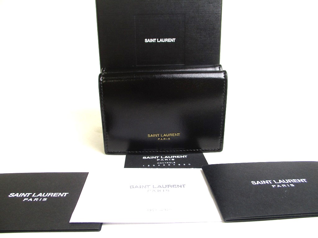 Photo1: Saint Laurent Paris YSL Black Leather Trifold Wallet Compact Wallet #a509