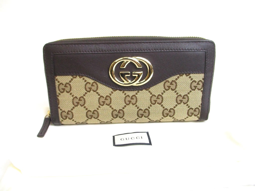 Photo1: GUCCI GG Brown Canvas and Leather Round Zip Long Wallet #a554