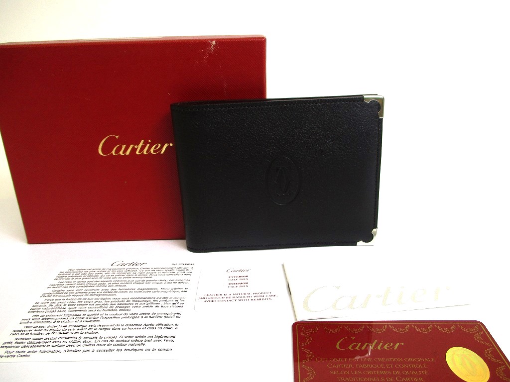 Photo1: Cartier Must de Cartier Black Leather Bifold Wallet Purse #a555