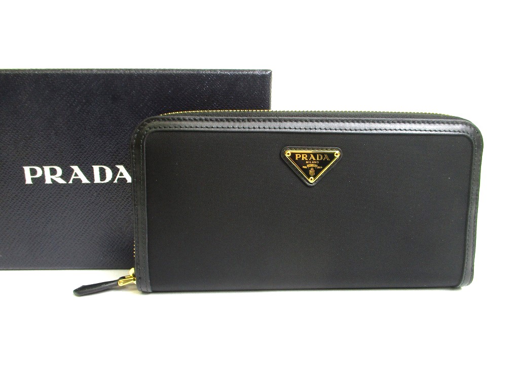 Photo1: PRADA Black Nylon Leather Gold H/W Round Zip Long Wallet #a570