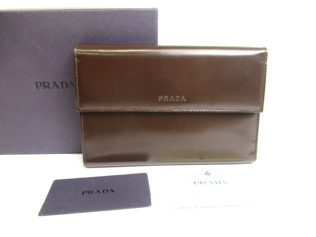 Photo1: PRADA Dark Brown Leather Trifold Wallet Compact Wallet #a582