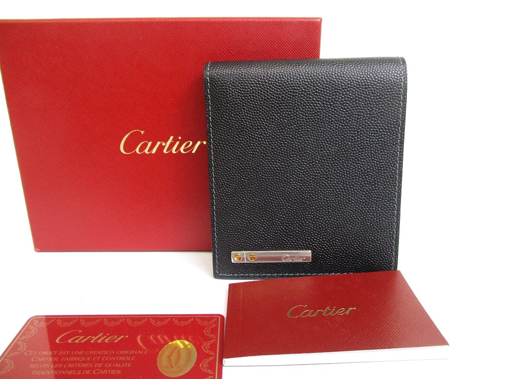 Photo1: Cartier Santos de Cartier Black Leather Bifold Bill Wallet Card Holder #a588