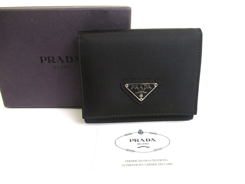 Photo1: PRADA Black Nylon and Leather Trifold Wallet Purse #a598