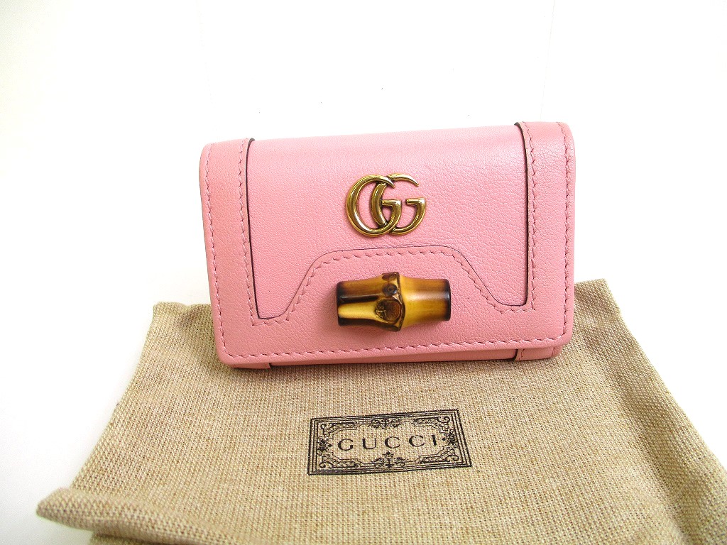 Photo1: GUCCI Double G Bamboo Pink Leather 6 Pics Key Chain #a611