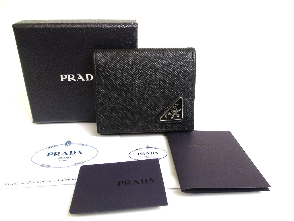 Photo1: PRADA Saffiano Black Leather Coin Case Purse #a614