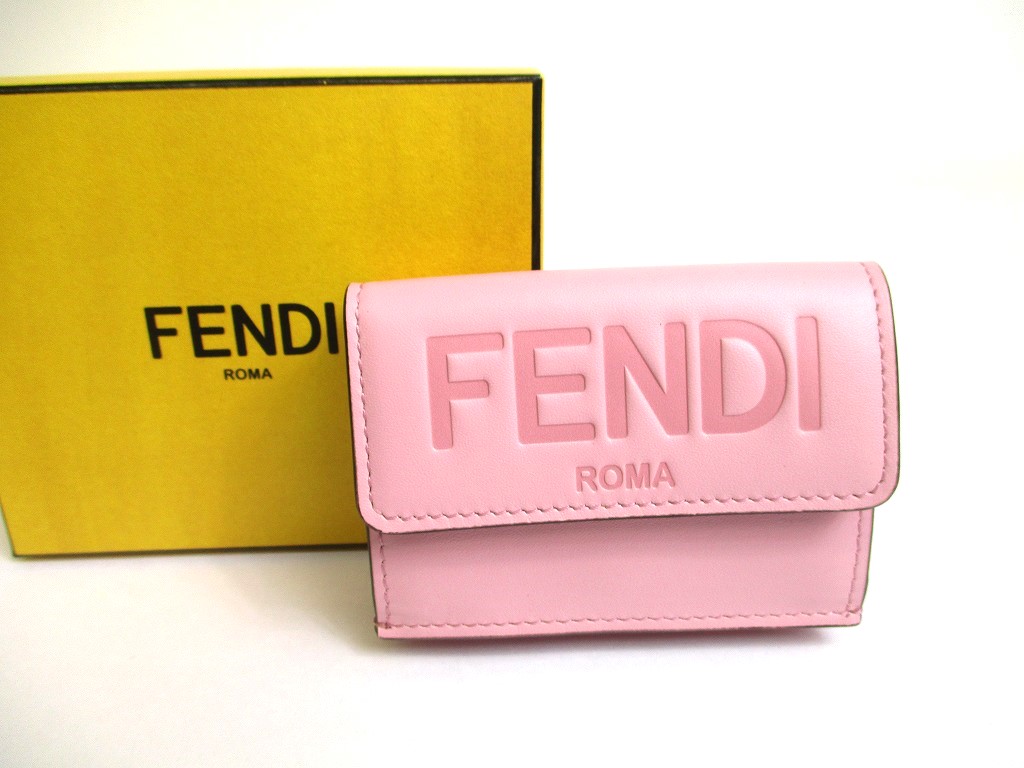 Photo1: FENDI ROMA Pink Leather Trifold Wallet Compact Wallet #a617