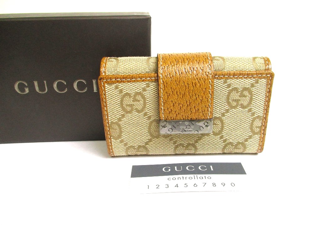 Photo1: GUCCI GG Beige Canvas Brown Leather 6 Pics Key Chain #a652