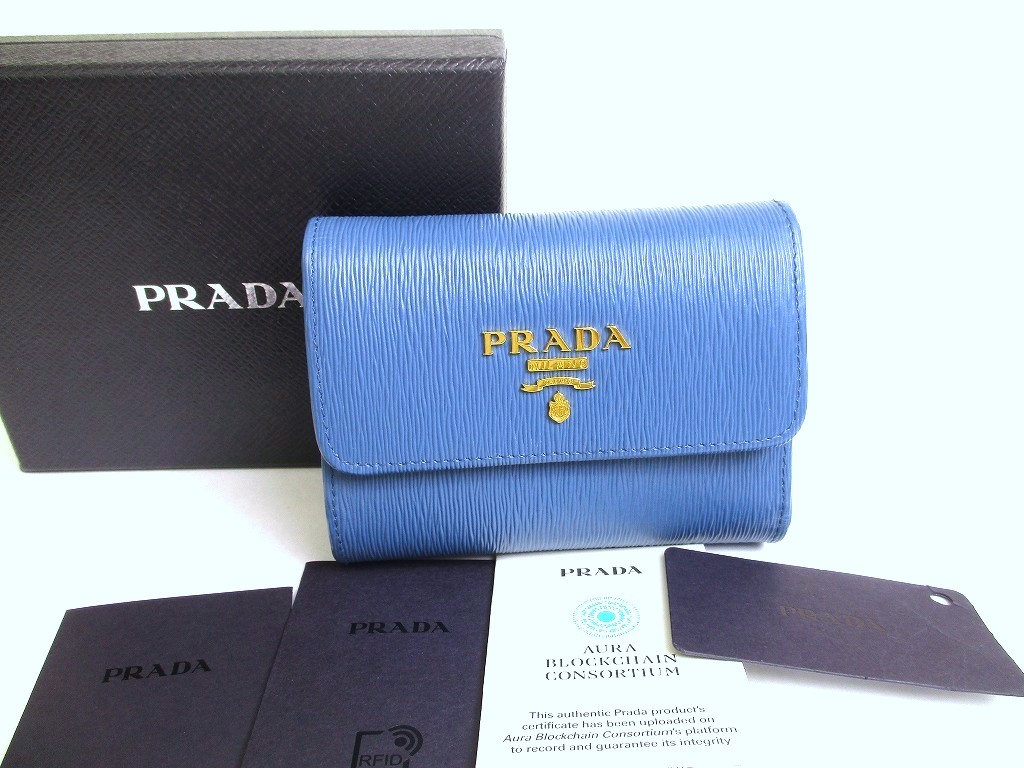 Photo1: PRADA Cobalto Blue Leather Trifold Wallet Compact Wallet #a698
