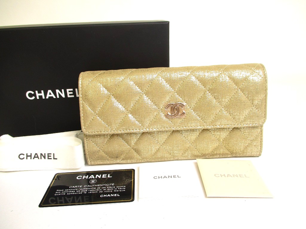 Photo1: CHANEL Champagne Gold Fabric Flap Long Wallet Purse #a728