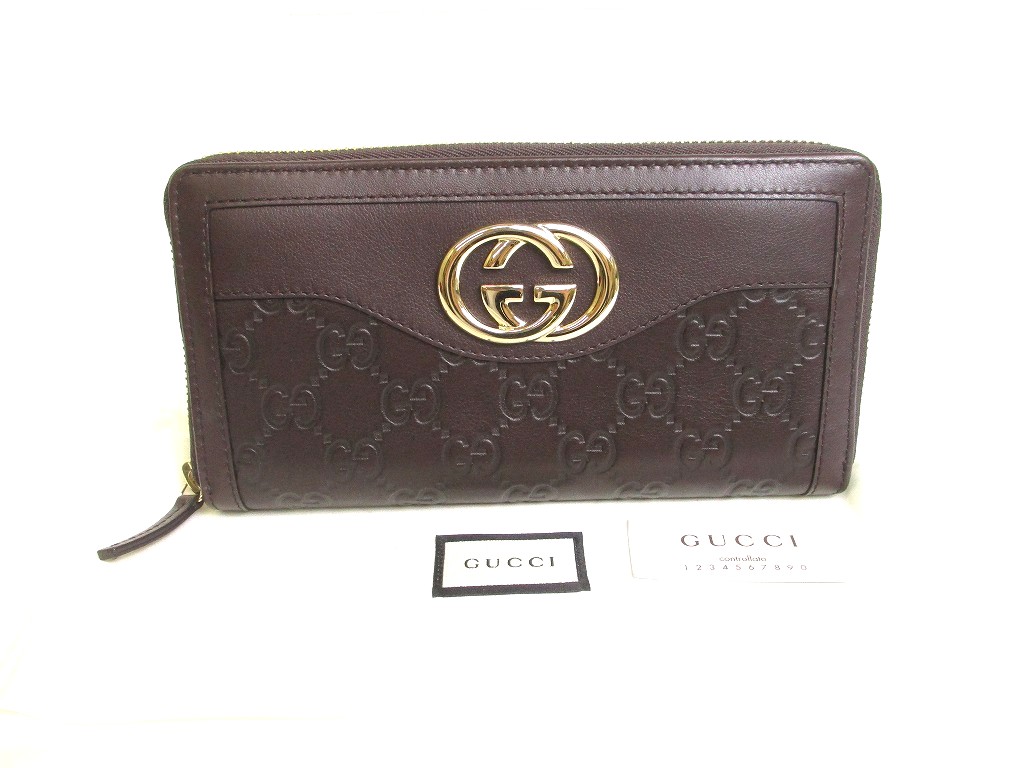 Photo1: GUCCI GG Dark Brown Leather Round Zip Wallet #a735