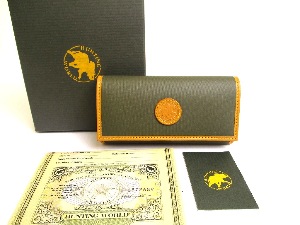 Photo1: HUNTING WORLD Khaki Green Nylon Brown Leather 4 Pics Key Chain #a742