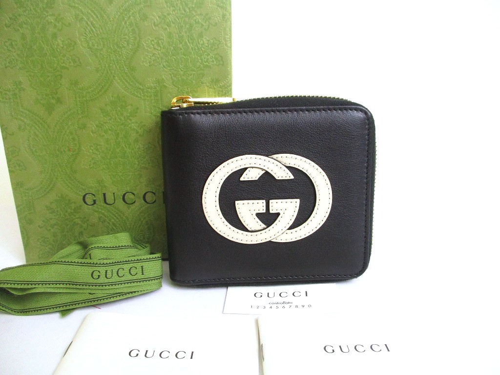 Photo1: GUCCI Interlocking G Black Round Zip Bifold Wallet Compact Wallet #a759