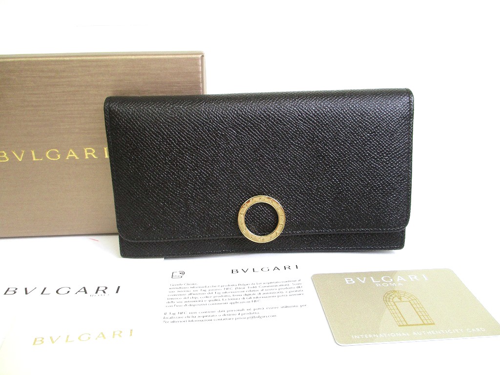 Photo1: BVLGARI Black Leather Logo Clip Gold H/W Flap Long Wallet #a766