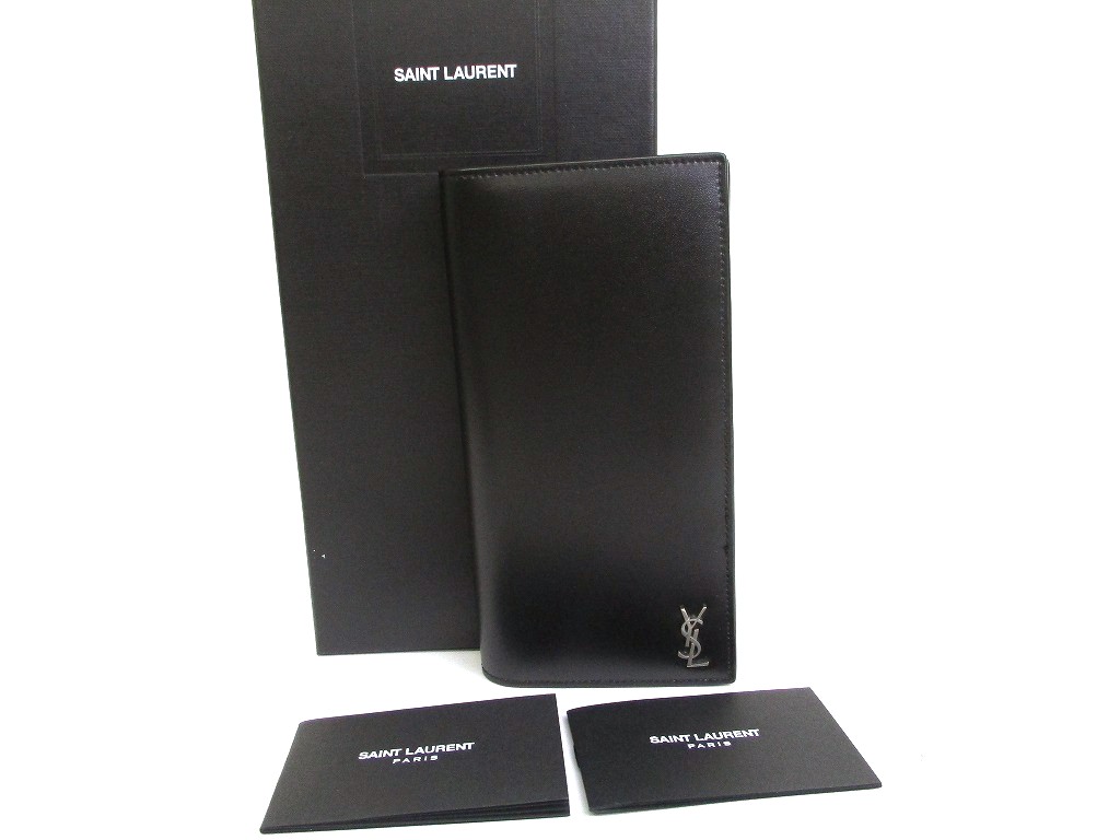 Photo1: Saint Laurent Paris Silver YSL Motif Black Leather Long Flap Wallet #a848