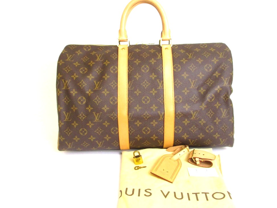 Photo1: LOUIS VUITTON Monogram Brown Leather Duffle Bag Boston Bag Keepall 45 #a867