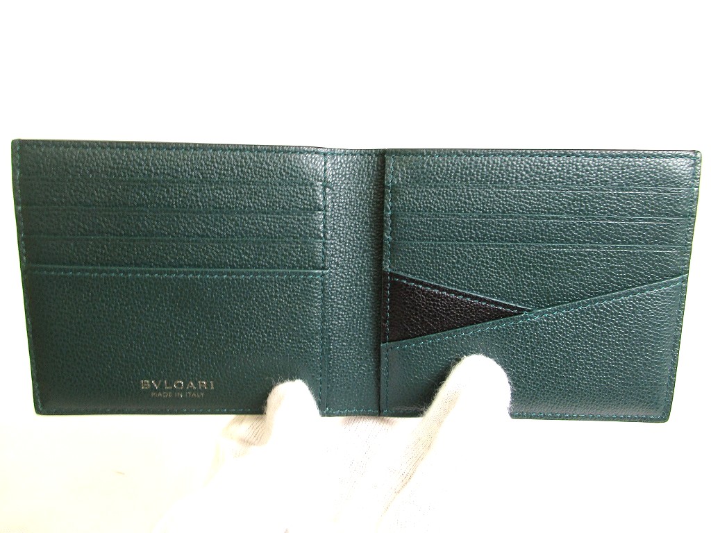 Photo8: BVLGARI Black Emerald Green Leather Bifold Wallet Compact Wallet #a896