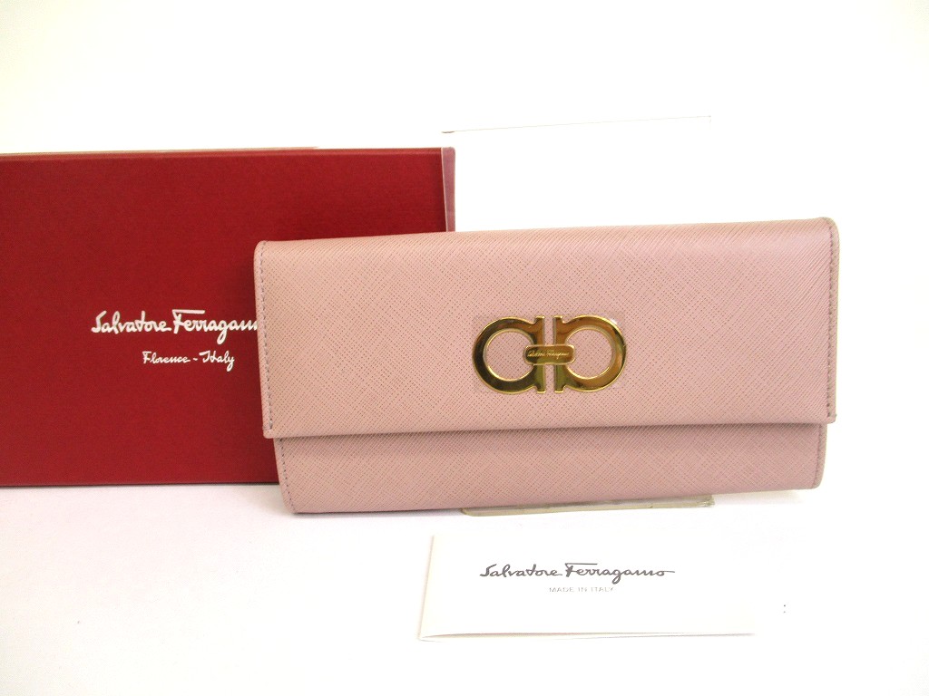 Photo1: Salvatore Ferragamo Gancini Pink Beige Leather Flap Long Wallet #a906